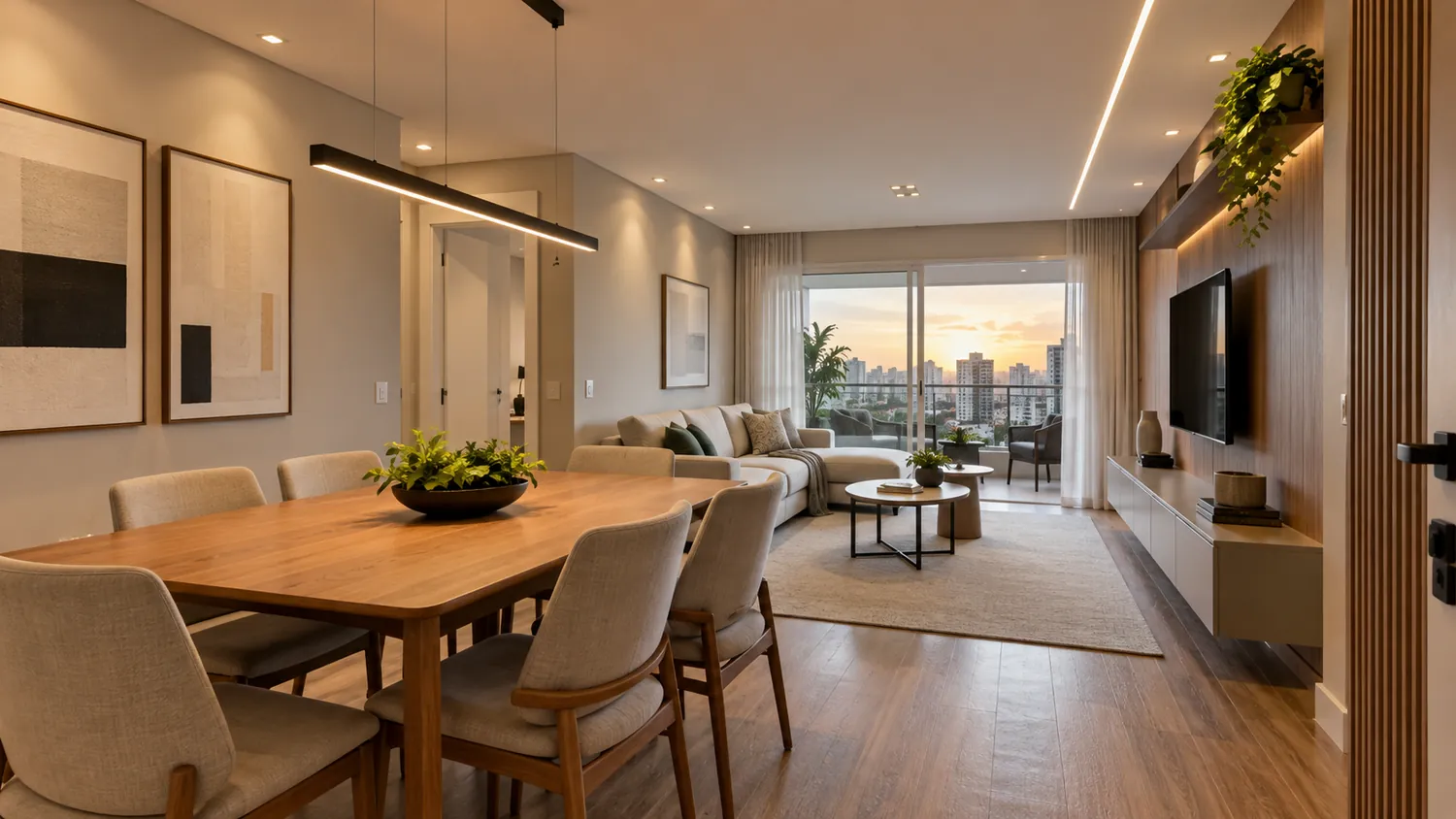 Sala de estar e jantar integradas, com iluminação linear no forro e painel de madeira